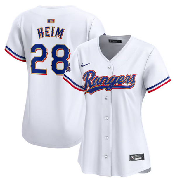 Women's Texas Rangers #28 Jonah Heim White 2024 Gold Collection Stitched Baseball Jersey(Run Small)